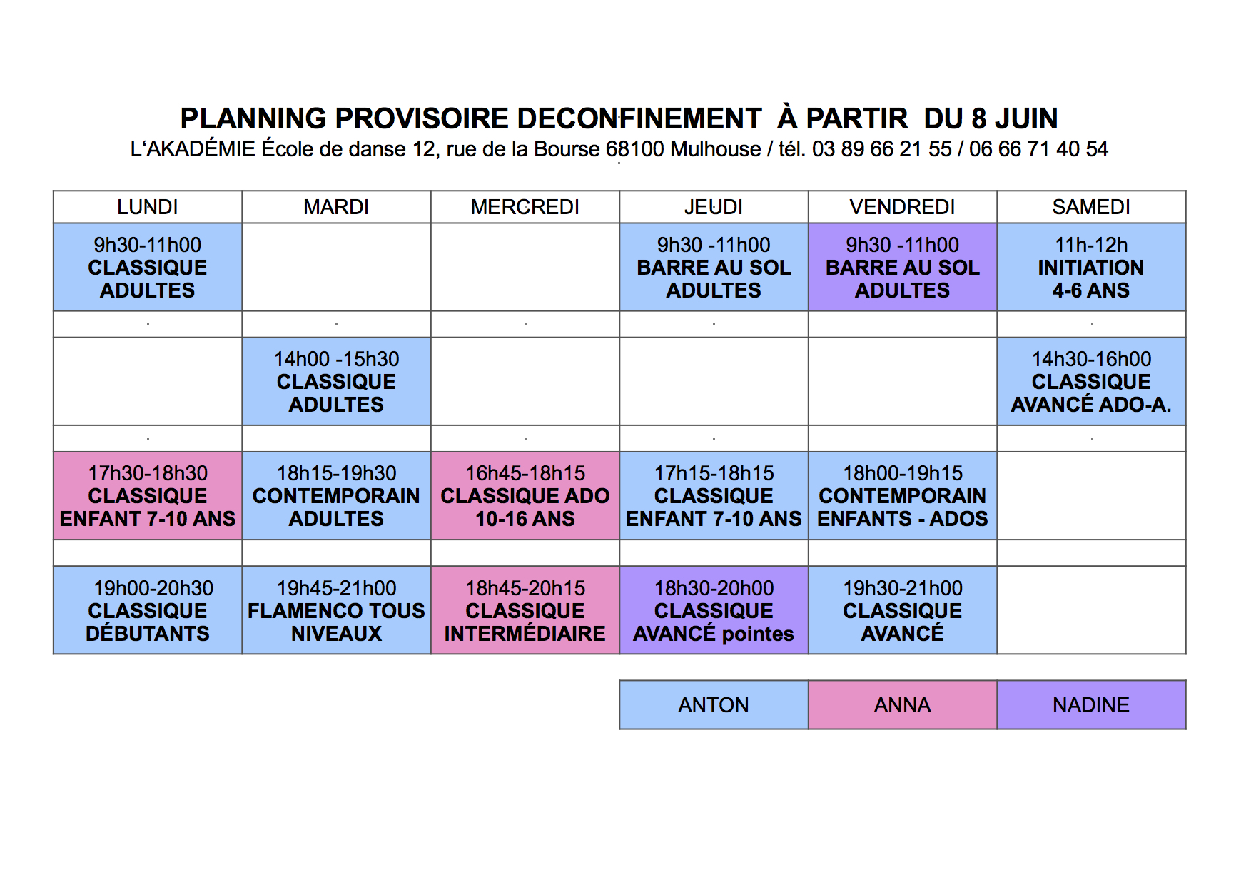 planning à partir du 8 juin 2020 sortie du confinement.