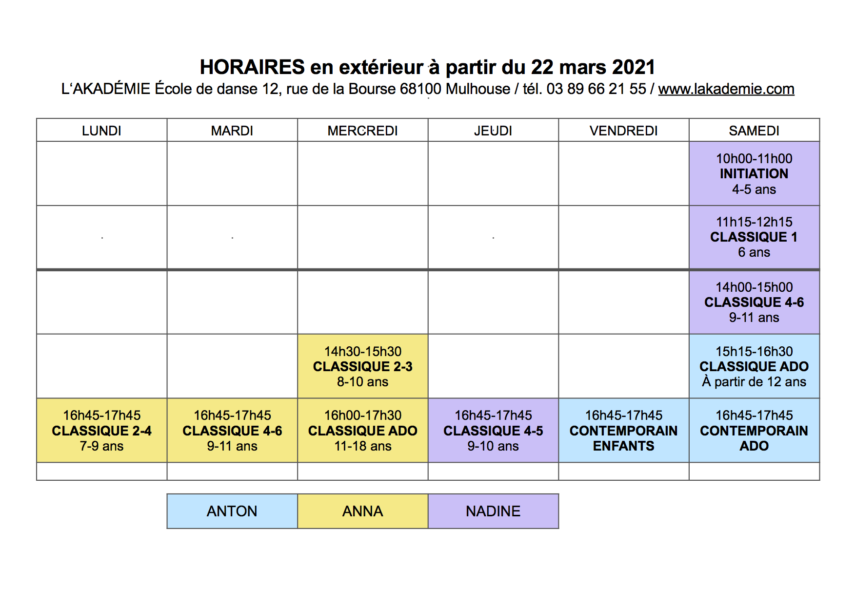 horaire "Sinclair" plein air, à partir du 22 mars 2021